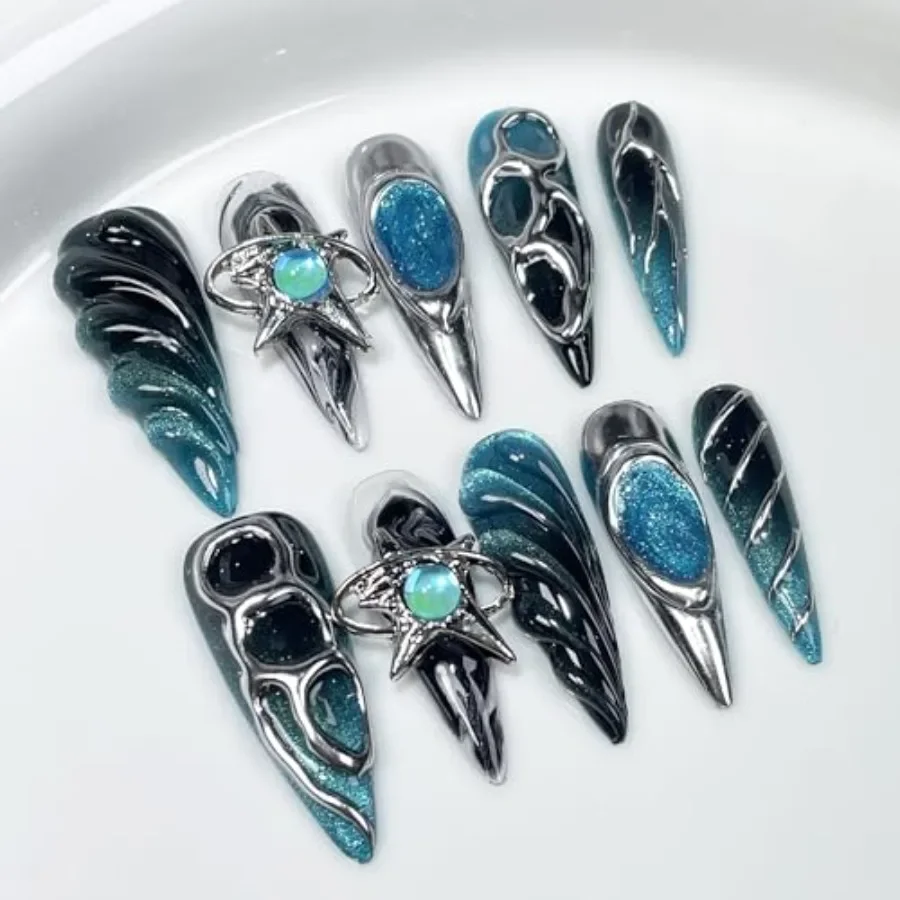 

Ногти ручной работы Press On Nails Y2K 3D тисненый дизайн Синий длинный стиль-шпилька Накладные ногти для вечерних вечеринок и Nig