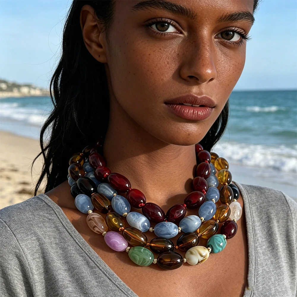 Bohemia Colorful Resin Beaded Choker Necklaces for Women Fashion Holiday Party Jewelry Gifts