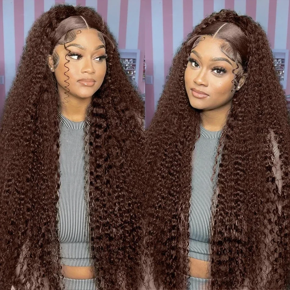 

Chocolate Brown Curly Wigs 13X6 HD Lace Frontal Wigs Human Hair 34 36 Inch 13X4 Deep Curly Lace Front Brown Pre Plucked Wig