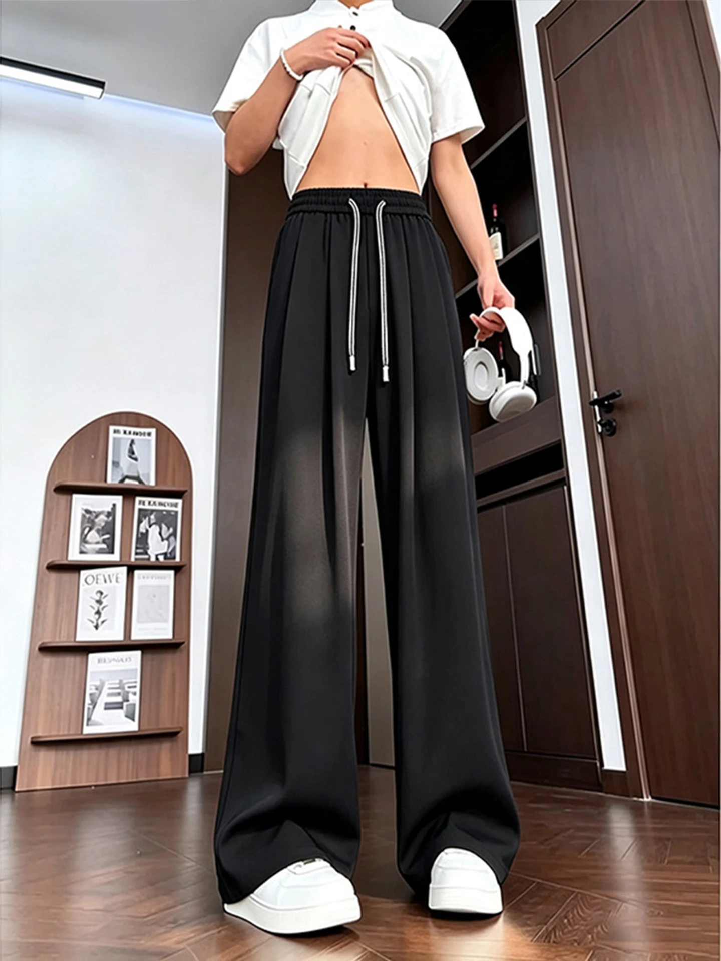 Black American Style Ice Silk Men's Summer Thin Straight Leg Pants Drapey Cool Quick Dry Casual Trousers Fashionable Sensation