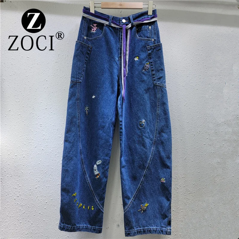 [zoci] 2024 Autumn Winter New Niche Design Trendy Heavy Industry Embroidery Banana Waist Strap Jeans Women