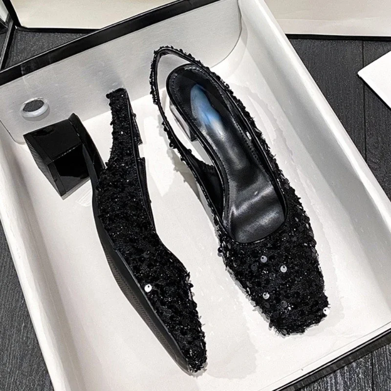 Bling luxo sandálias de salto baixo feminino chunky mary jane sapato feminino elegante vestido sapatos moda dedo do pé quadrado bombas mulher mules sapatos