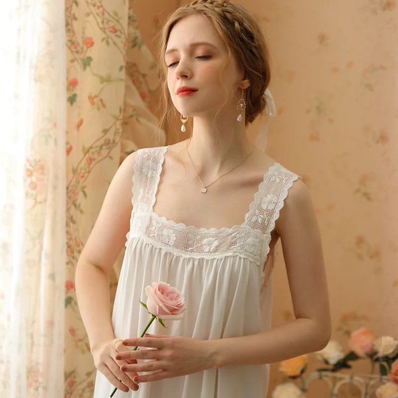 Women Cotton Night Dress Sweet Lace Sleeveless Long Nightgown Sexy Sleepwear Princess Nightwear Kawaii Nightdress Loungewear