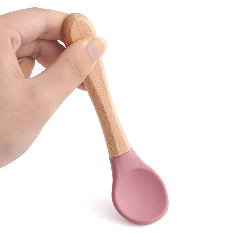 2 PCS Food Grade Silicone Cutlery Baby Feeding Training Spoon Fork Set with Wooden Handle Organic BPA Free Food Grade