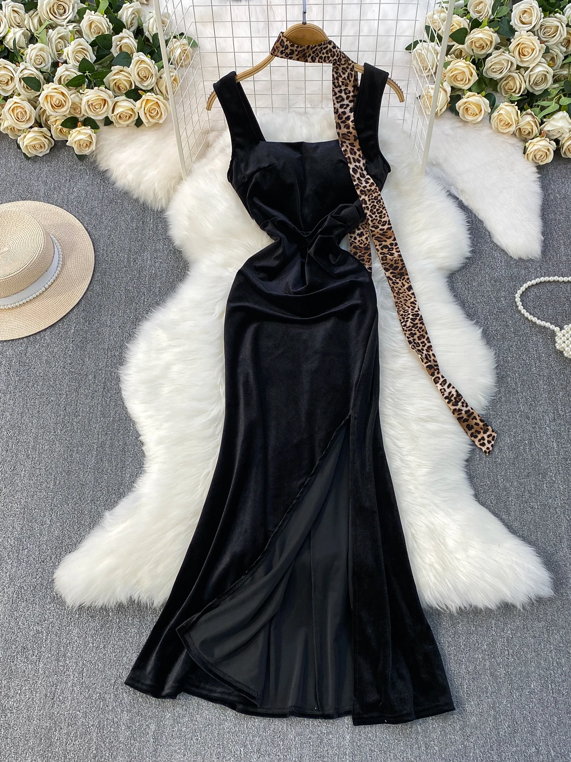 Hebe Sle Fluwelen Lange Dr met Borstkussen Vierkante Kraag Zijsplit Hoge Taille A-lijn Rok Ele Ladylike Herfst Winter Dr