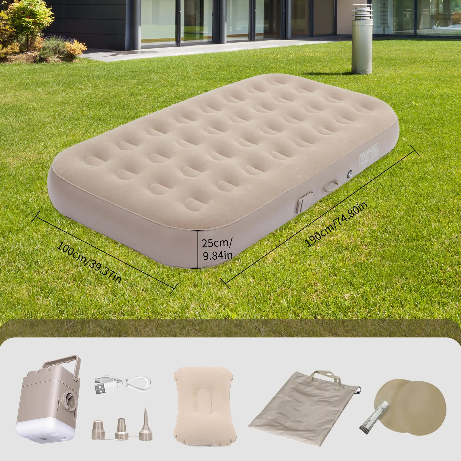 Opblaasbaar campingbed met ingebouwde pomp, LED-verlichting, opvouwbaar, voor 1/2 personen, draagbaar buitenbed