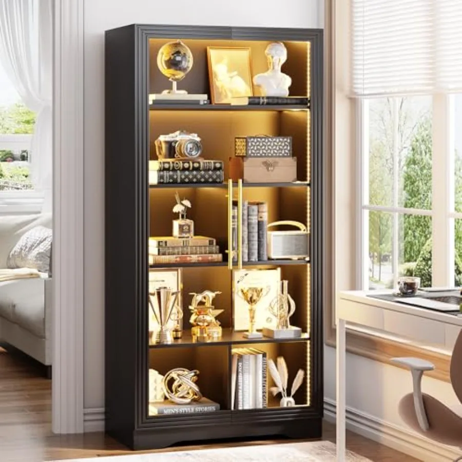 Bookcase with Glass Doors and LED Light for Home Office: MDF Wood in White with Adjustable Shelves and Soft-Close Mechanism view 4