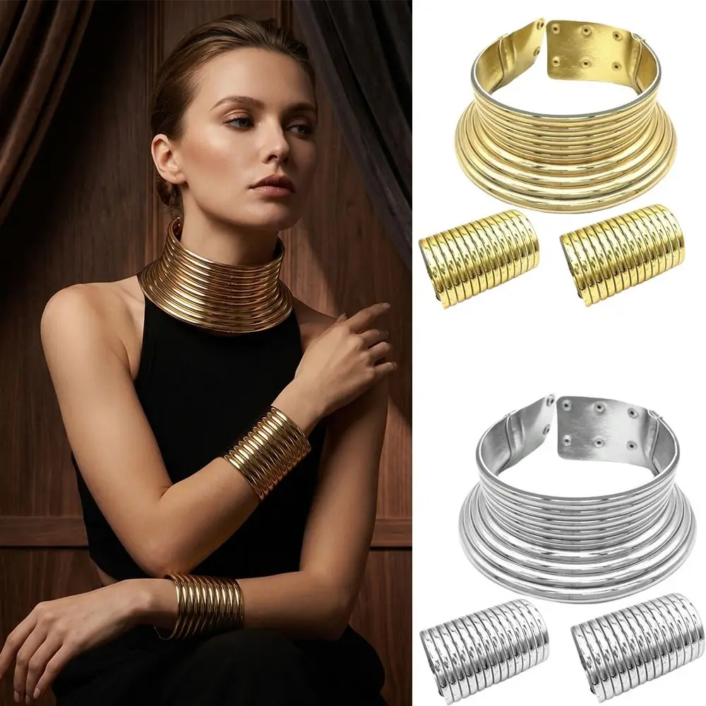 3 PCS Gold Silver African Collar Bracelet Set Large Exaggerated Fashion African Tribal Collar Bracelet Set PU Leather Adjustable