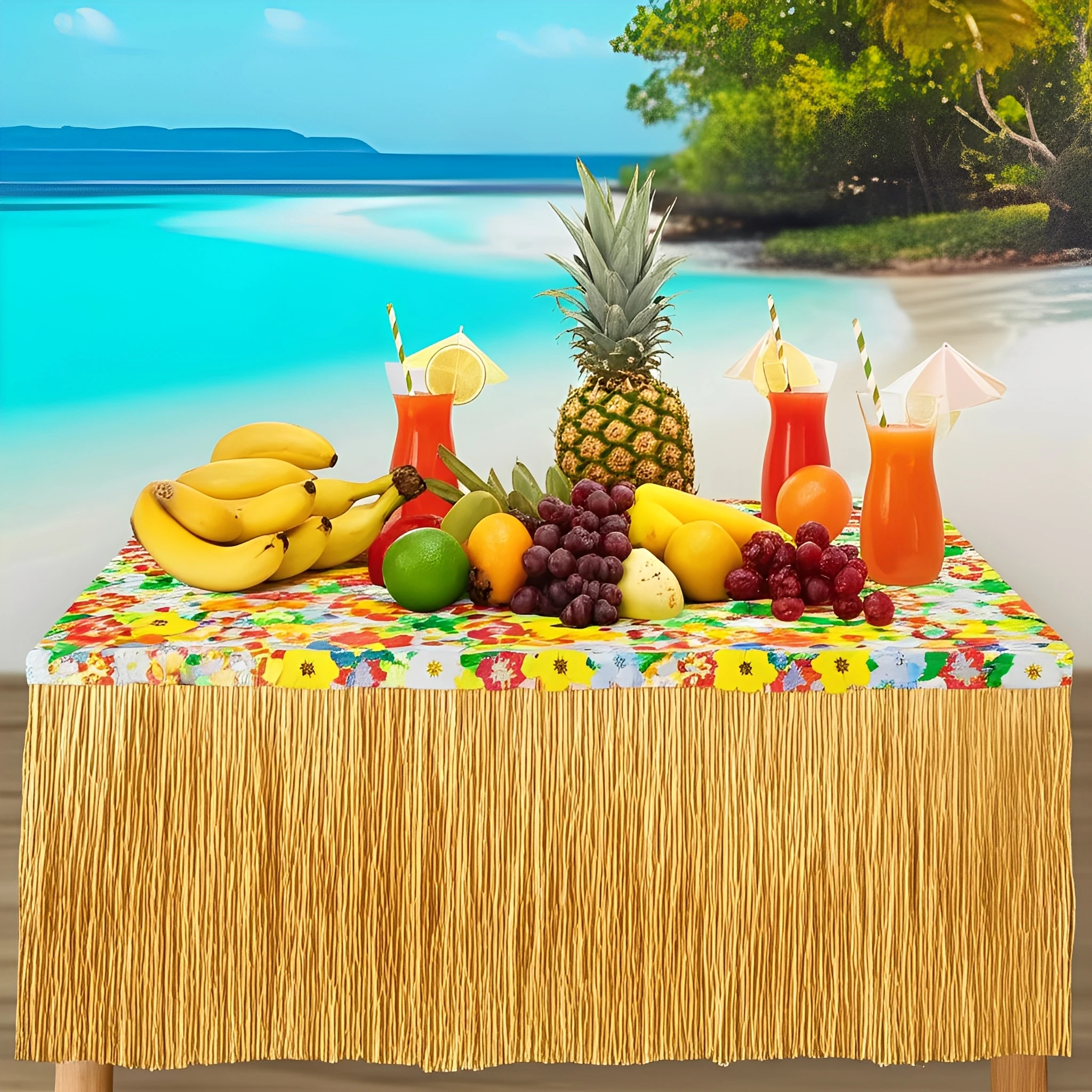 Falda de mesa de paja para fiesta hawaiana, falda de mesa de hierba, fiesta temática para mar tropical hawaiano, decoración para fiesta de cumpleaños y boda