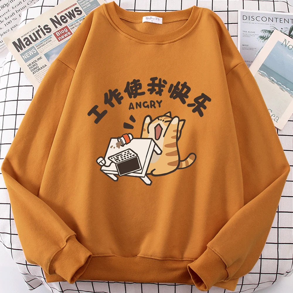 Work Makes Me Happy Fun Cat Cute Print Cartoons Hoodie Men Women Fashion Sportswear Autumn Loose Fleece Pullovers Streetwear