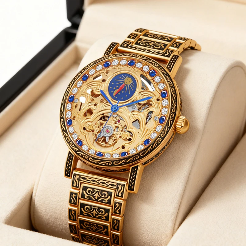 

A men's black and yellow vintage-style exquisitely carved sun and moon blue diamond fully automatic tourbillon mechanical watch