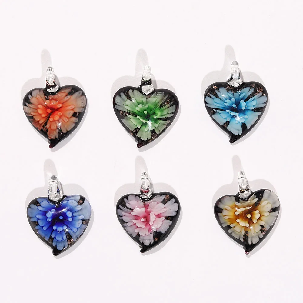 Qianbei Wholesale 6pcs Handmade Murano Lampwork Glass Mix Color Flower Heart Pendant For Necklace Hot Jewelry