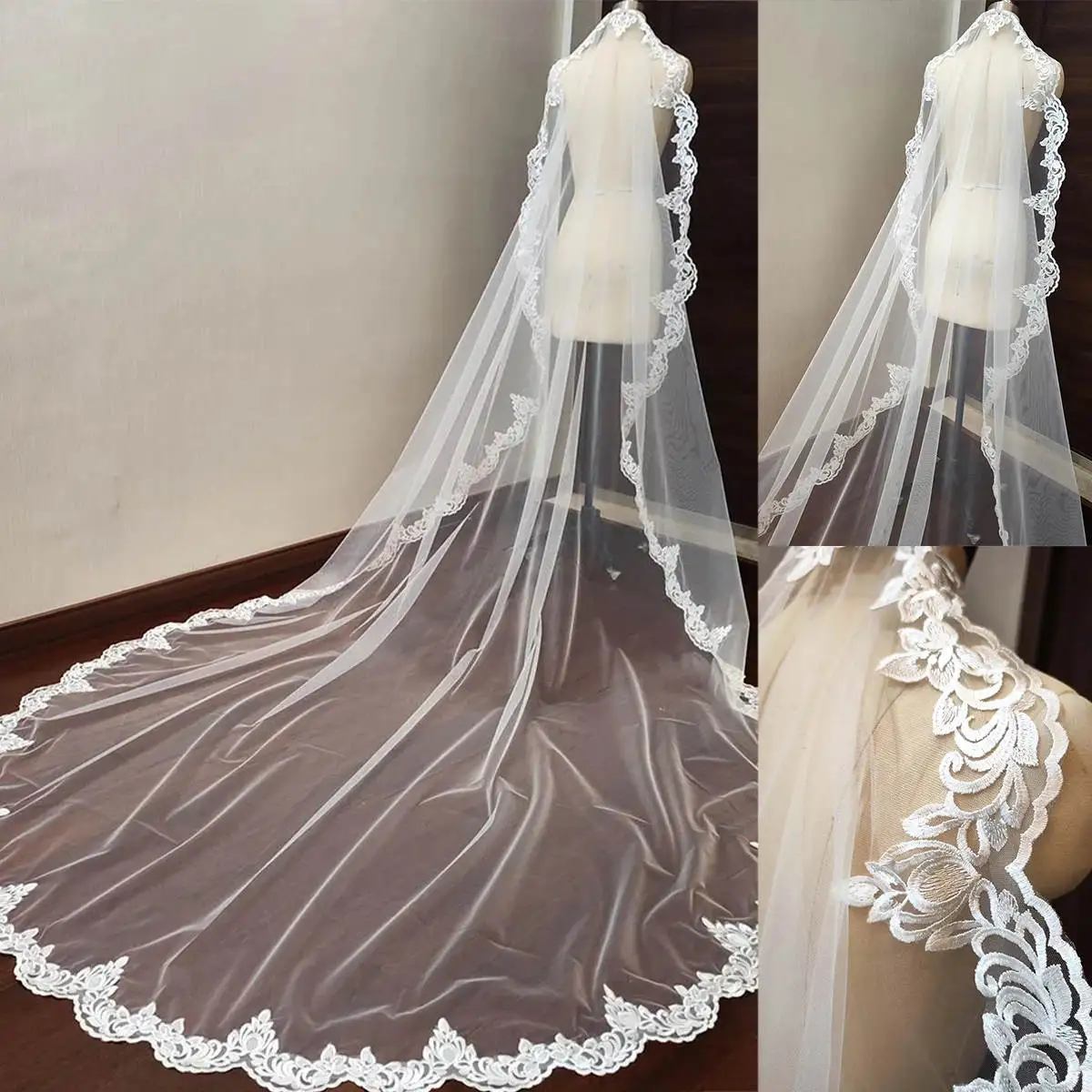 

Exquisite Wedding Veil Lace One Layer Long Cathedral Length Bridal Veils Lace Edge Soft Tulle For Bride Customized