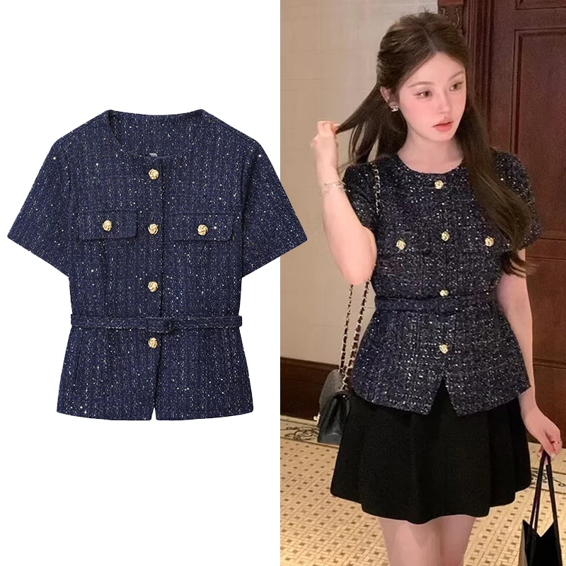 

Женская модная текстурированная куртка, шикарная элегантная короткая куртка с поясом и коротким рукавом, куртки с металлической пряжкой, уличная повседневная верхняя одежда