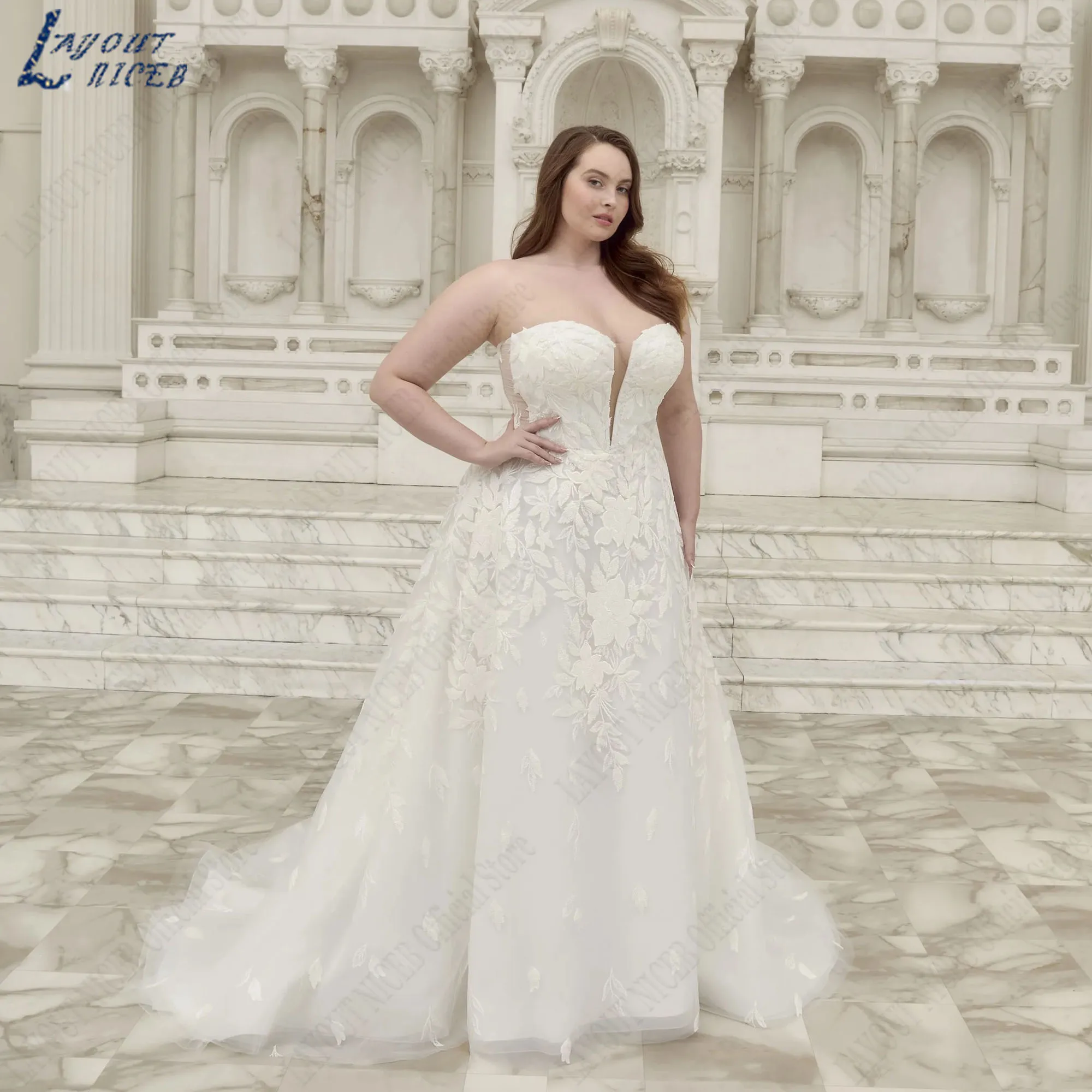 

LAYOUT NICEB Plus Size Wedding Dress Strapless Sweetheart Appliques Luxury Bride Gown A-Line Tulle vestido femininos Customized