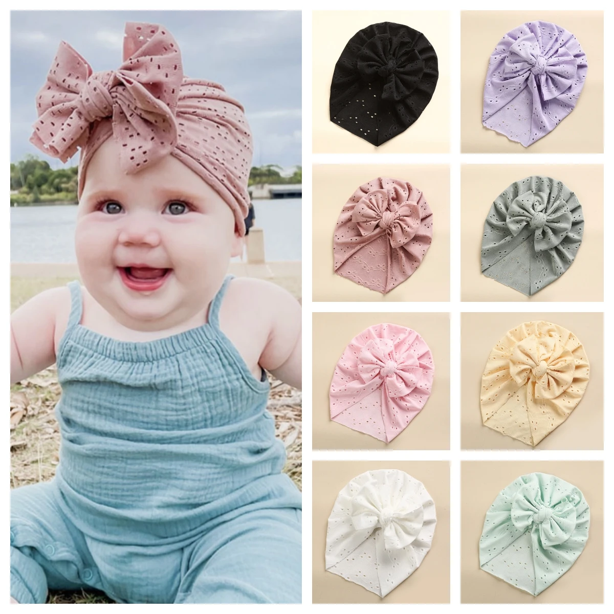 baby turban headwraps New lace holed pullover hat for kids Bow elastic India cap baby hat Stretch-striped baby pullover hat