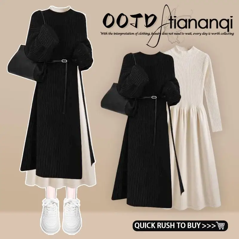 

Korean Sle Versatile Knitted Dr Long Split Design Base Layer Dr Set Autumn Season Faionable Two-Piece Ensemble