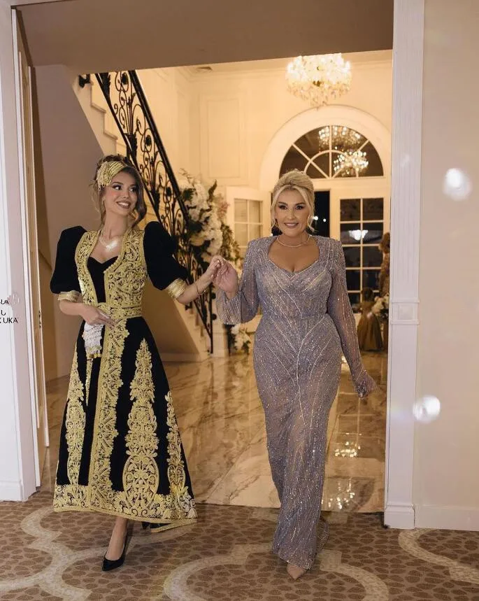 Black Velvet Arabic Caftan Prom Dresses Two Pieces 2024 Luxury Applique Karakou algerien Albanian Evening Formal Dress Outfit