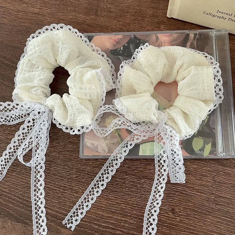 Sweet Lace Bow Scrunchies Hair Ties for Women Korean Lace Mesh Ruffled Rubber Band Temperament Ponytail Hair Band Headdress