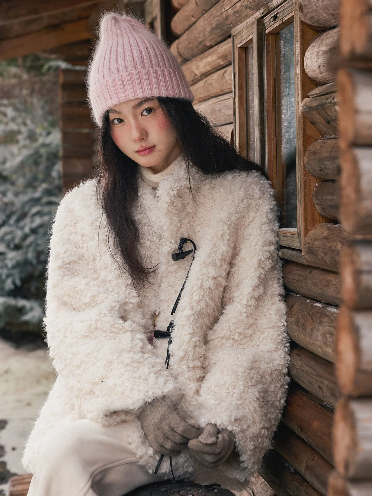 

Hazel Nut Girl Moonlight Handwritten Inteated Leather And Fur Anti-Cold Warmth Loing Button Collar Color Blo Stand Coll...