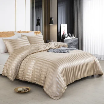 Satin striped duvet cover twin/full/queen/king/single/double size set,luxury silky like khaki stripe duvet cover set
