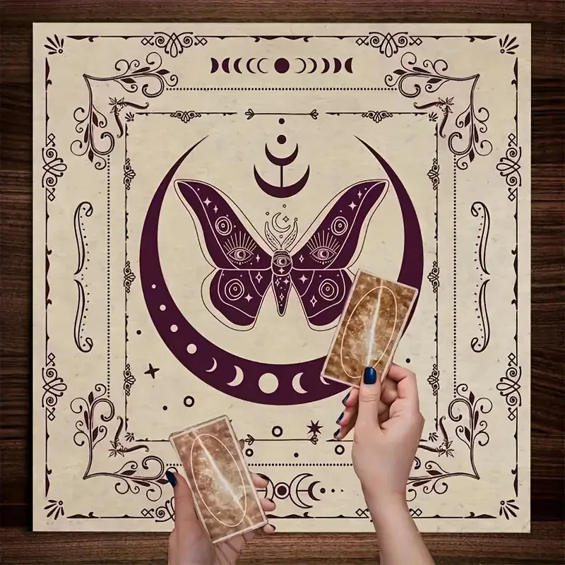 VIKAMA Butterfly Moon Tarot Tablecloth Purple Mystic Butterfly Moth Totem Bohemian-Style Meditation Mat Ritual Atmosphere Decor
