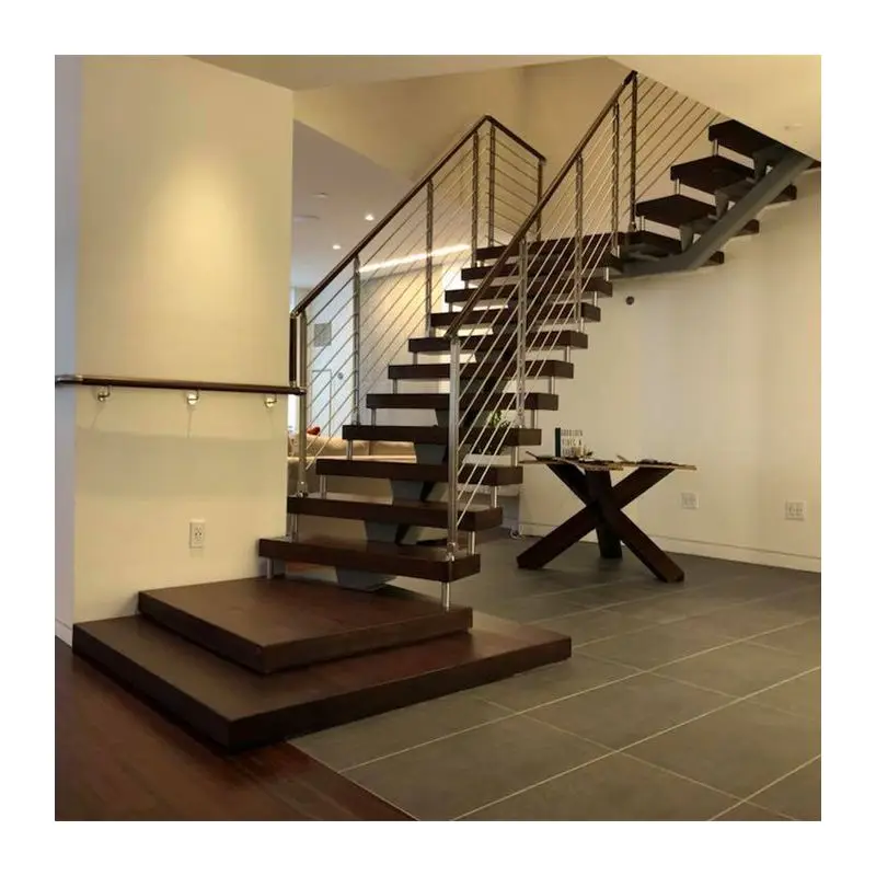 Residential indoor single longitudinal truss metal wood step straight ladder single longitudinal truss floating staircase