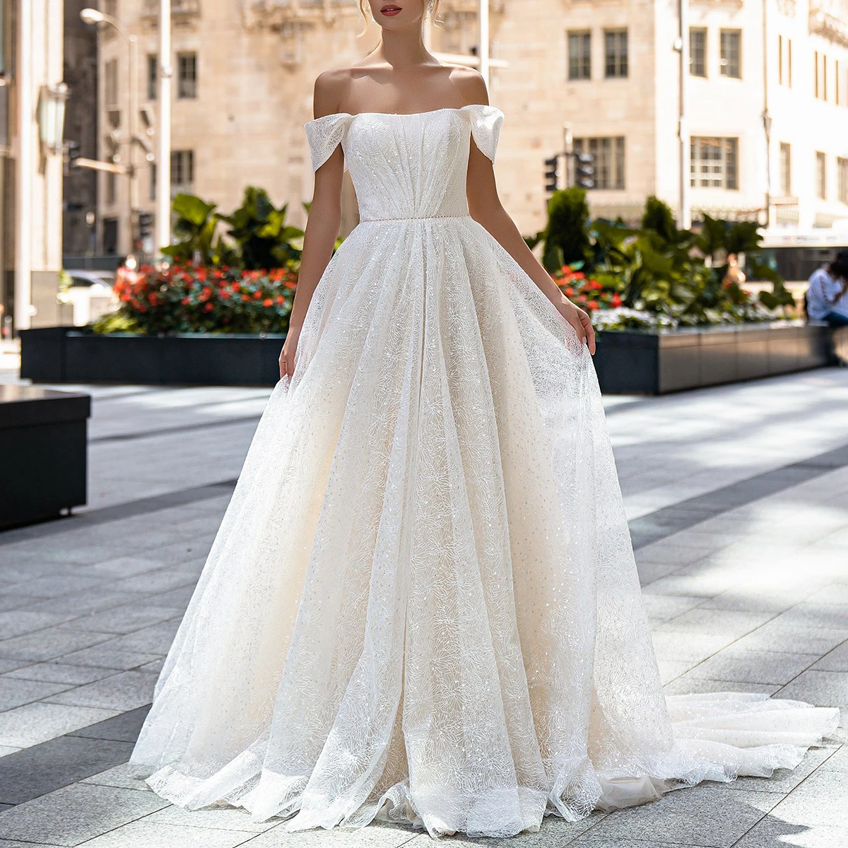 

Luxury Vestidos Novia Sparkly Lace Wedding Dresses For Bride Long Pleated Ball Gown Off Shoulder A Line Bridal Party Gown