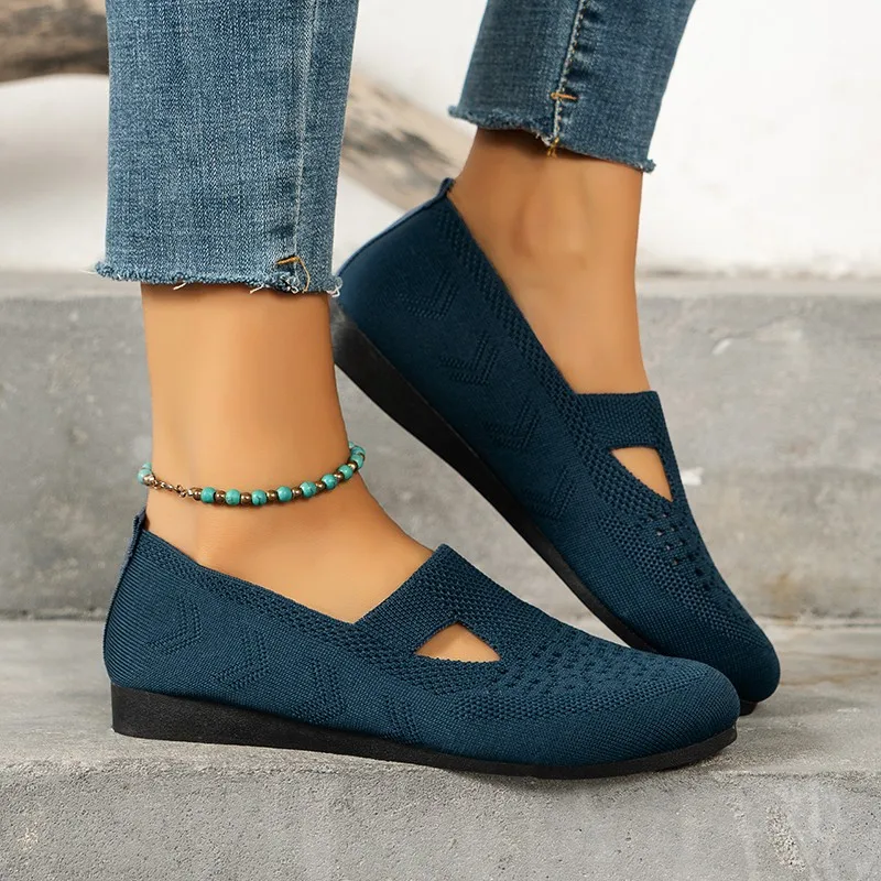 2024 Spring New Women's Flat Shoes Fashion Round Toe Mesh Knitted Breathable Mom Shoes Casual Vacation Slip-on Mujer Zapatos