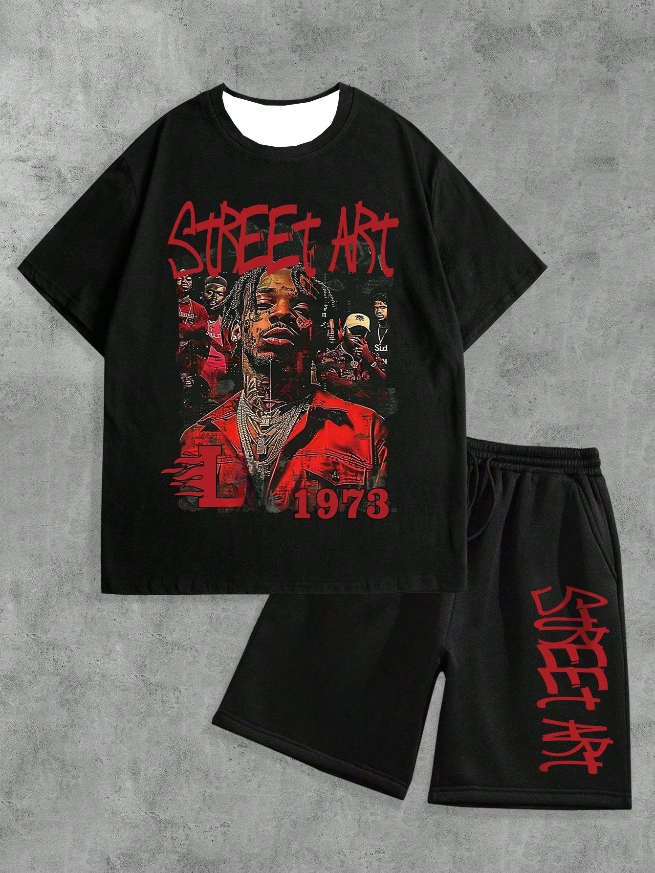 Conjunto de 2 Piezas para Hombre Talla Grande 2026, Camiseta de Manga Corta con Estampado de Rapero de Arte Callejero y Pantalones Cortos con Cordón, Traje Deportivo Hip Hop de Verano para Hombre