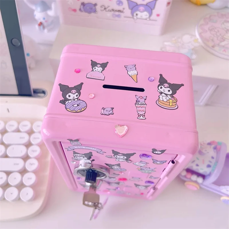 Sanrio Kawaii Hello Kitty Piggy Bank Anime Cinnamoroll Ins Desktop Iron Coin Change Safe Decorative Sticker Storage Key Cabinet