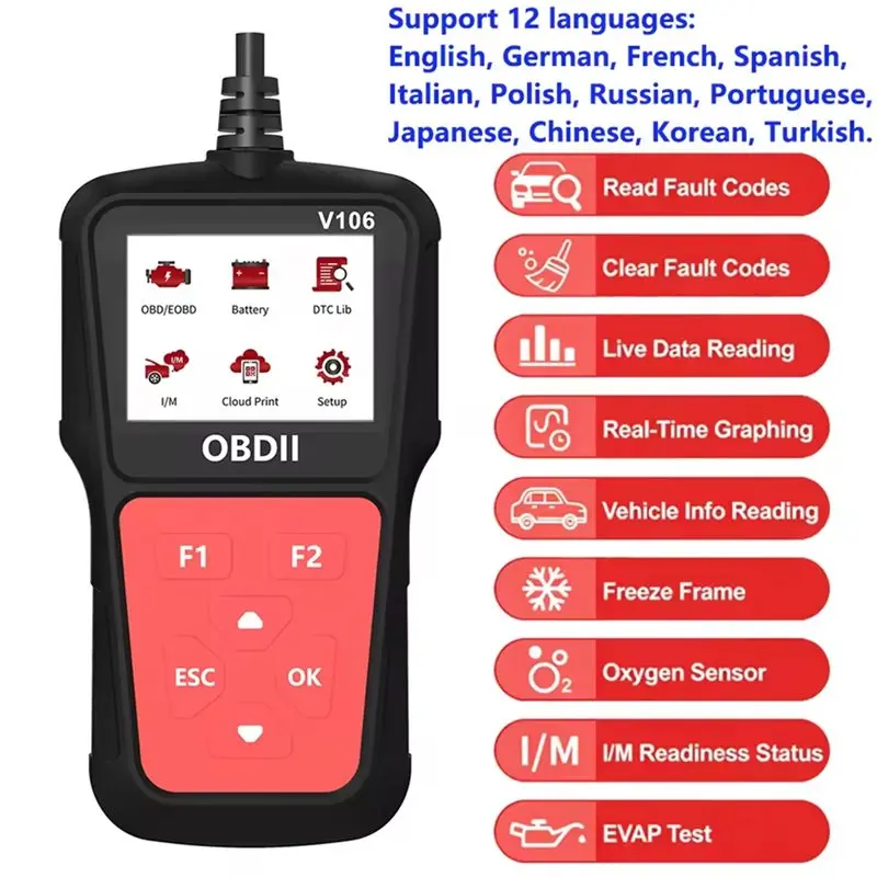A98M V106 OBD2 Scanner Car Diagnostic Tool With Multilingual Support Professional Scanner