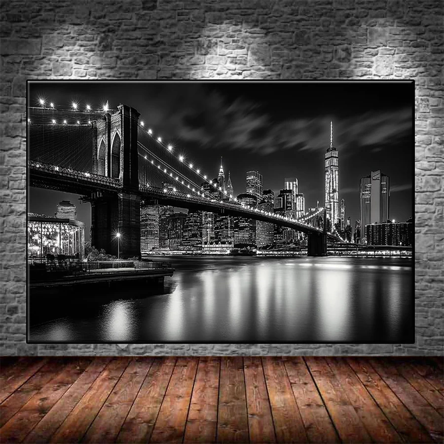 Kit de bordado de diamantes 5D DIY, arte moderno en blanco y negro, puente de Brooklyn, pintura de diamante, punto de cruz, arte mosaico