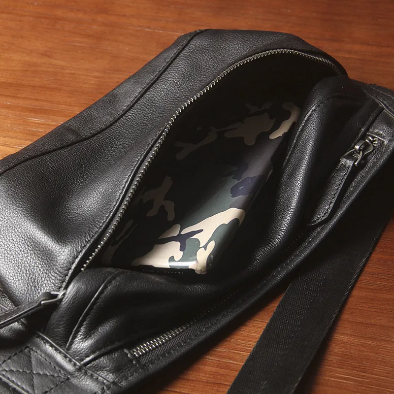 Fashionable multifunctional outdoor natural genuine leather men chest bag waist bag youth chest cowhide bag black small satchel