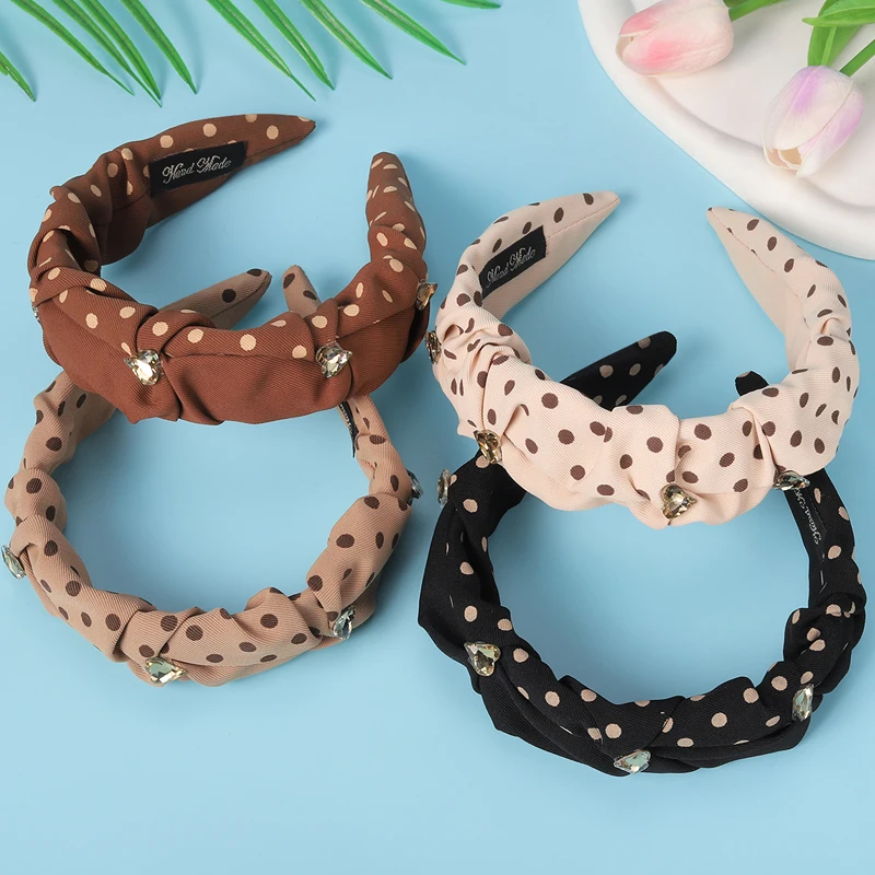 

Women Polka-Dot Pleated Fabric Wide-Brimmed Headbandheart-Shaped Rhinestone Decorated ​​hairband Vintage Temperament Headwear