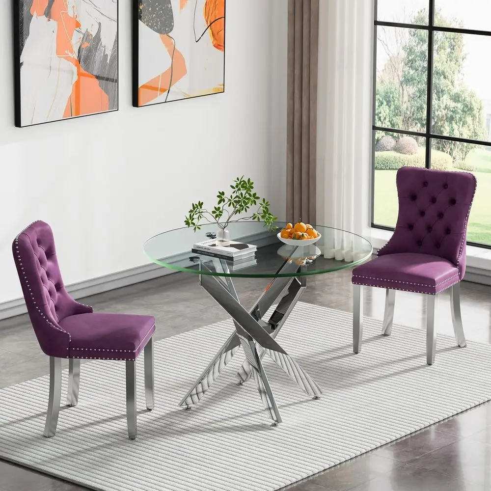 

Glass Dining Table Set for 2, Small Kitchen Table Sets, 35 Round Glass Table with Velvet Chairs, 3-Piece Round Dining Set for Br