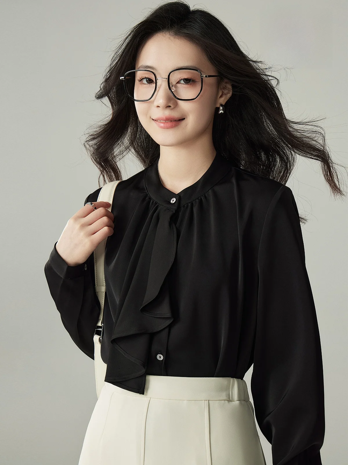 

Black Asymmetrical Sash Shirt Women's Spring Autumn Design Commute Shirt Straight Cut Long Sleeve Pure Color Crew Neck