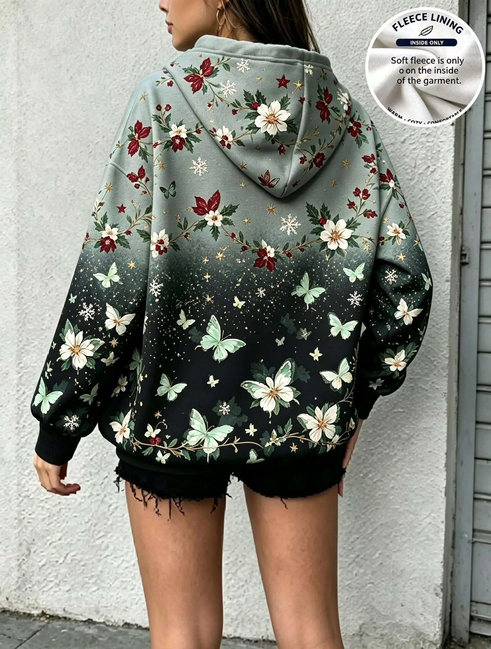 Women Gradient Purple Black Floral Butterfly Snowflake Fleece Hoodie Back Print Pocket Sweatshirt