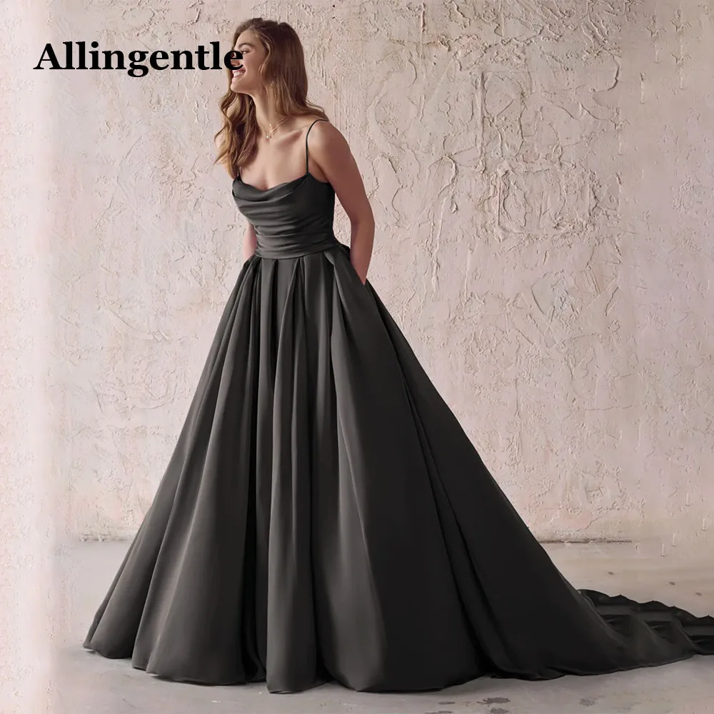 Allingentle Sexy Black Evening Dresses with Pocket Soft Satin Spaghetti Straps Pleated Prom Party Gowns A-line Backless Buttons