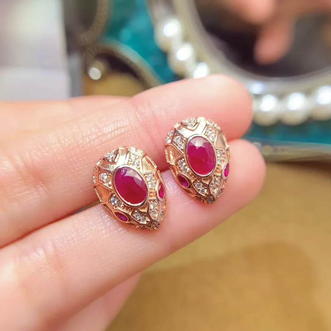 Myanmar Ruby Stud Earrings for Daily Wear 4mm*6mm Total 1ct Natural Ruby Jewelry 18K Gold Plated 925 Silver Gemstone Earrings