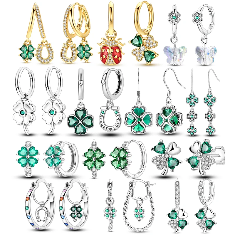 Lucky Grass Serie 925 Silber Creolen Goldener Marienkäfer Schillernder Schmetterling Passend für Teenager Damen Hängende Ohrclips Geschenk