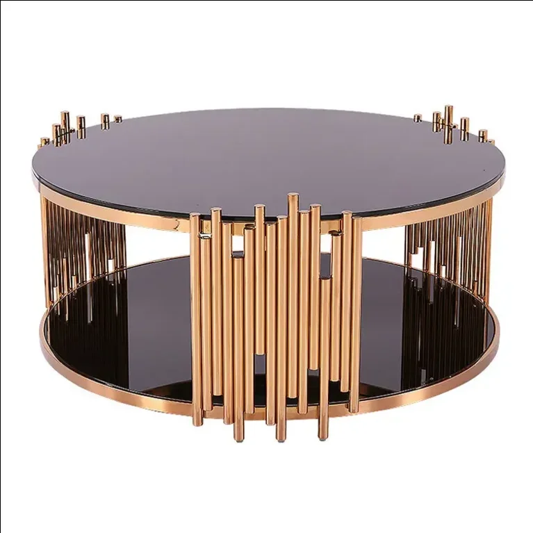 Luxury design with gold plating center table round metal tea table black glass top hotel home side table