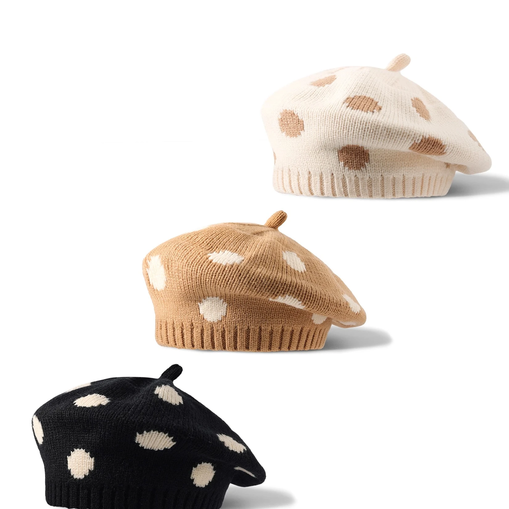 

Girls Knitted Berets Baby Painter Caps with round Dot Design Warm Fashionable Windproof Autumn Winter Headwear for Kids