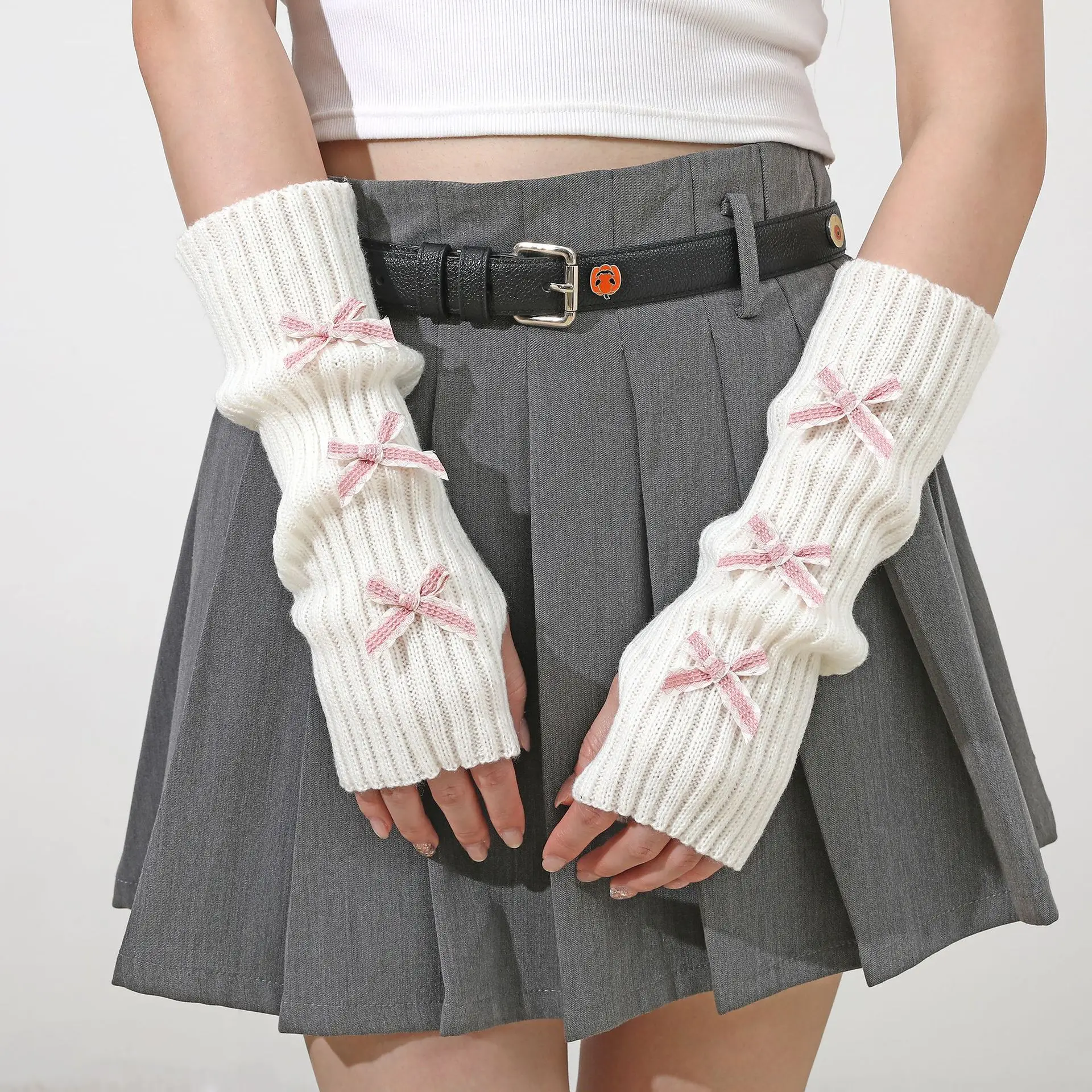 Y2K القوس أصابع قفازات النساء طويلة متماسكة مدفئات للذراع مترهل الأكمام منفعل لطيف شتاء دافئ الأيدي الحرة قفازات