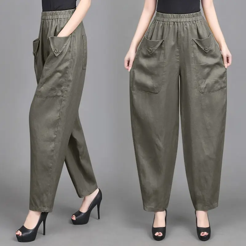 

High Waist Cotton Linen Harem Pants Women's Nine Points Summer New Style Mom's Drapey Lantern Pants Casual Wear Outdoor