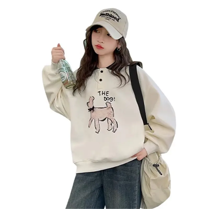 

2025 Spring Child Poloshirt Girls Long Sleeve Polo Shirts for Kids Polo Sweatshirt Turn-Down Collar T-shirt With Cartoon Dog