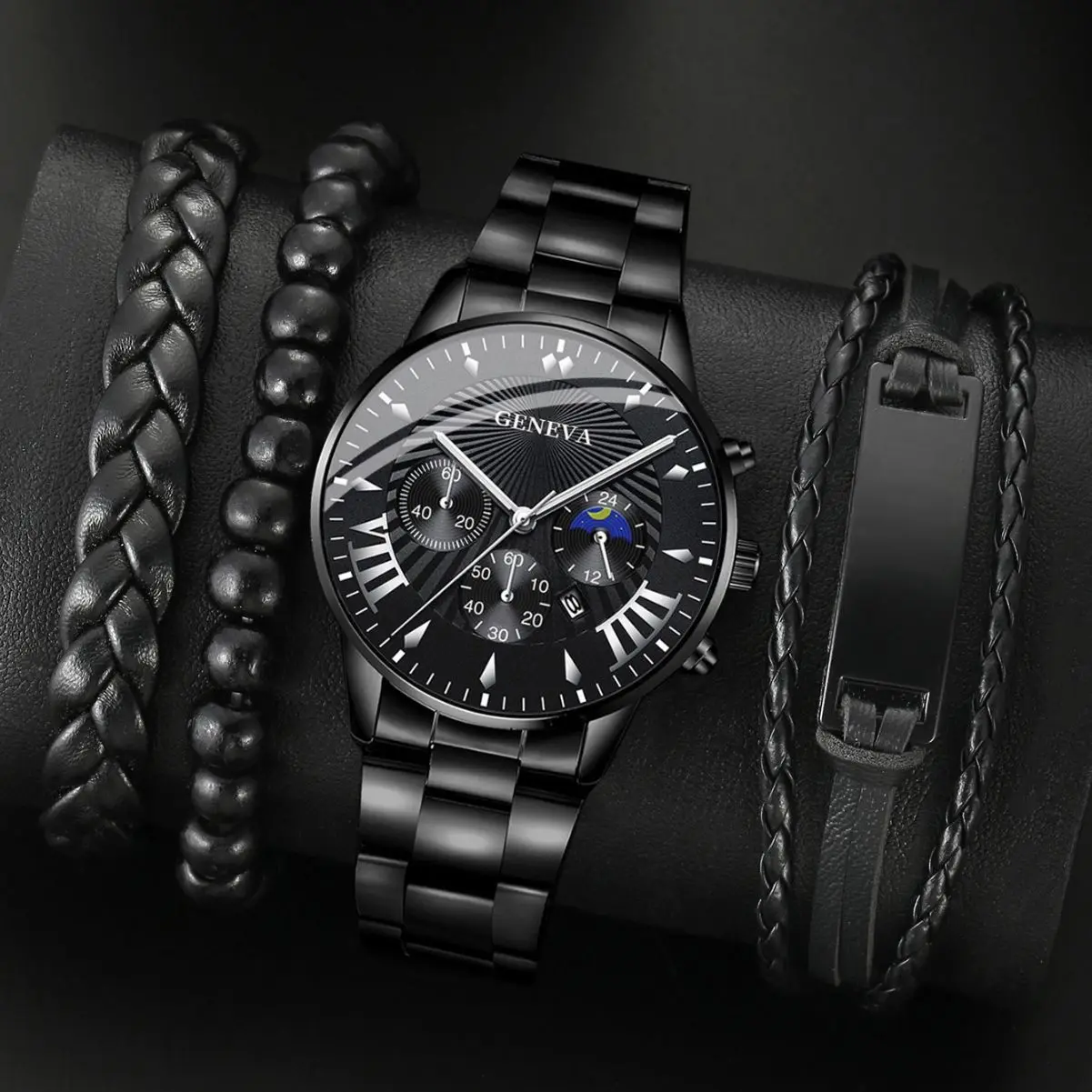 

4 шт., мужские деловые часы, модные кварцевые часы со стальным ремешком, мужские часы-календарь, браслет Relogio Masculino (без коробки)