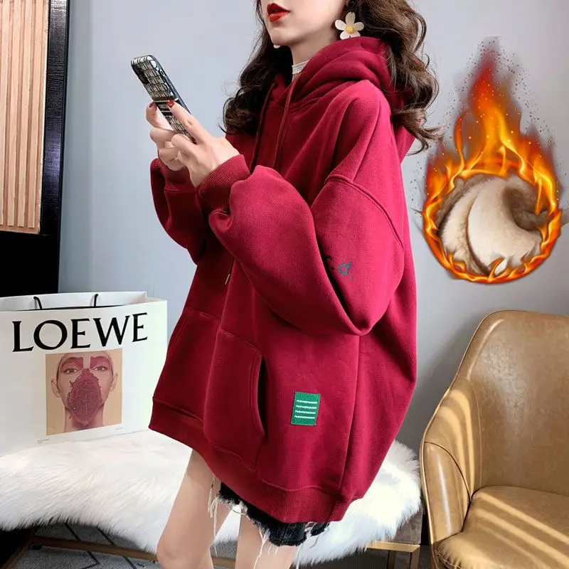 

Lamb Fleece Printed Letter Hooded Women Sweater 2023 Autumn Winter Warm Hoodies Fashion Thicken Loose Pullover Sweaterskirts