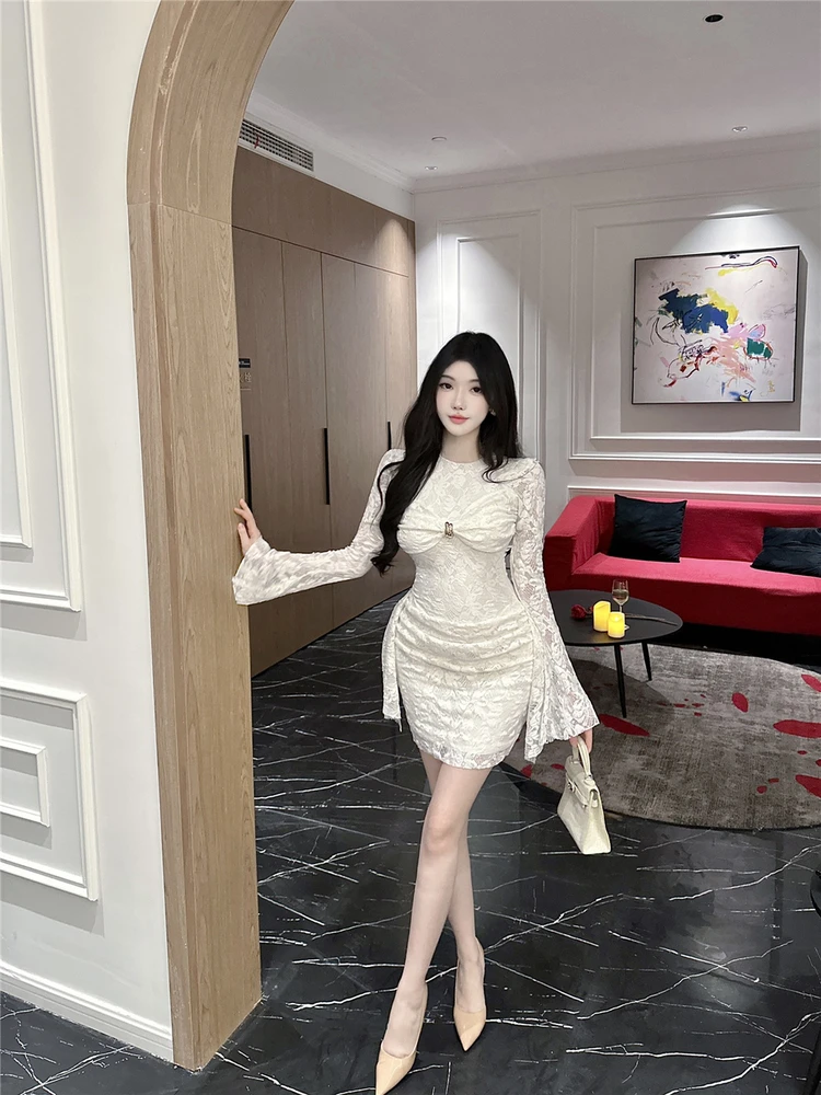 

Ele Lace V-ne Puffy Sve Dr Женская утягивающая сексуальная юбка ort Bodycon Long Sve Midi Dr Casual Spring Faion