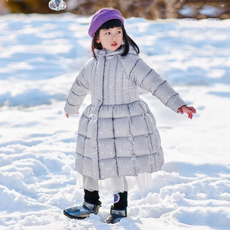 90% White Duck Down Long Parka Korea Style Sliver 2022 Winter Thick Warm Baby Toddlers Girls Clothing 2T 10yrs Kids Outerwear